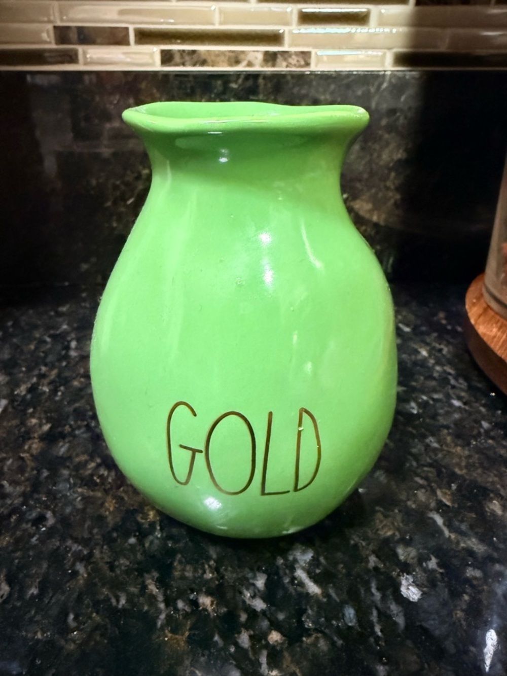 Rae Dunn Green Ceramic Vase with GOLD Lettering